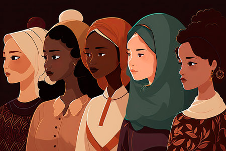 Illustration showing a group of women of different ethnicities. Generative AIの素材