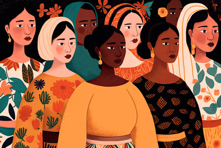 Illustration showing a group of women of different ethnicities. Generative AIの素材