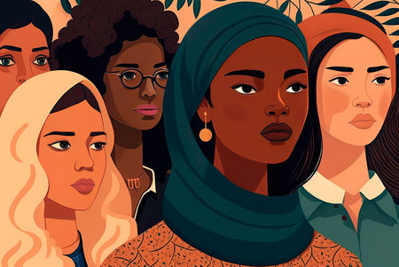 Illustration showing a group of women of different ethnicities. Generative AIの素材