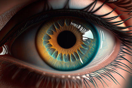 Close-up of a woman's eye with multicolored iris. Generative AIの素材