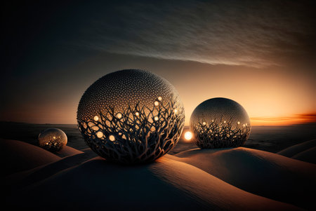 Sphere with internal light in a natural landscape at sunset. Generative AIの素材