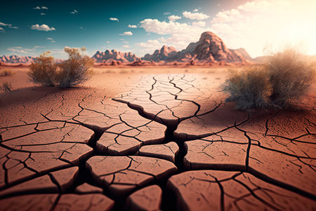 Dry and cracked earth in the desert. Generative AIの素材