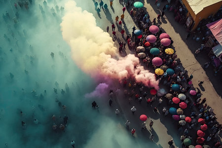 Aerial view of crowd of people at the festival of holi in Indiaの素材