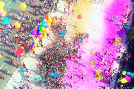 Aerial view of crowd of people with colorful balloons at the carnivalの素材