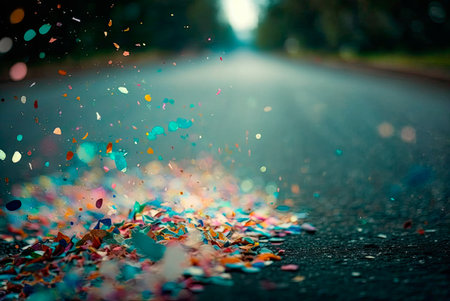 Multicolored festive confetti falling on the street. Blurred background. Generative AIの素材