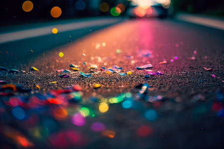 Multicolored festive confetti falling on the street. Blurred background. Generative AIの素材