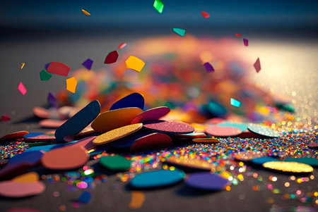 Multicolored festive confetti falling on the street. Blurred background. Generative AIの素材
