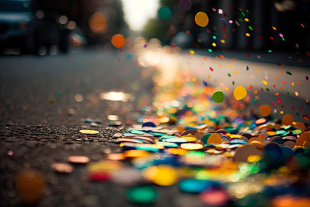 Multicolored festive confetti falling on the street. Blurred background. Generative AIの素材