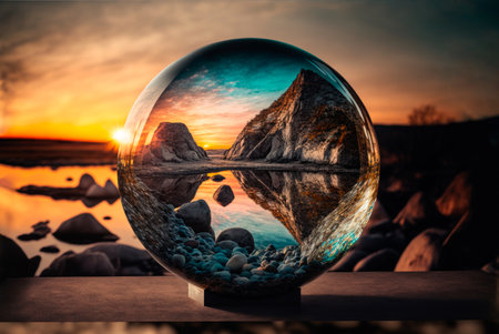 Sphere with internal light in a natural landscape at sunset. Generative AIの素材