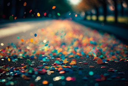 Multicolored festive confetti falling on the street. Blurred background. Generative AIの素材