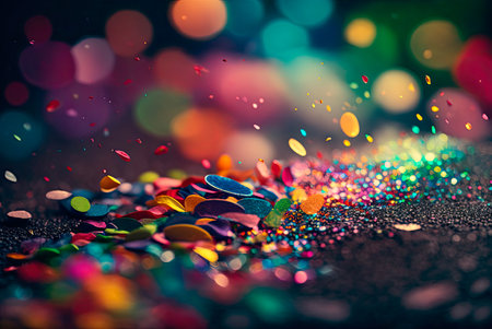 Multicolored festive confetti falling on the street. Blurred background. Generative AIの素材
