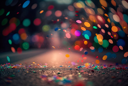 Multicolored festive confetti falling on the street. Blurred background. Generative AIの素材