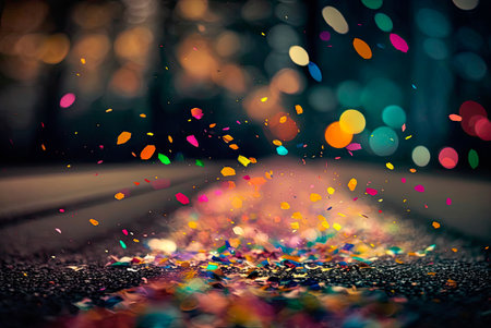 Multicolored festive confetti falling on the street. Blurred background. Generative AIの素材