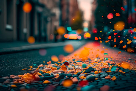 Multicolored festive confetti falling on the street. Blurred background. Generative AIの素材