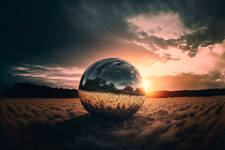 Sphere with internal light in a natural landscape at sunset. Generative AIの素材