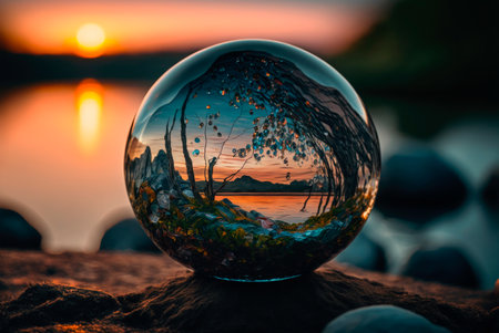 Sphere with internal light in a natural landscape at sunset. Generative AIの素材