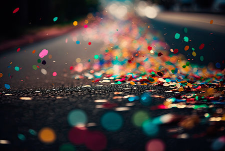 Multicolored festive confetti falling on the street. Blurred background. Generative AIの素材