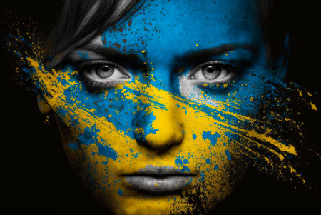 Woman with Ukrainian colors on her face. Generative AIの素材