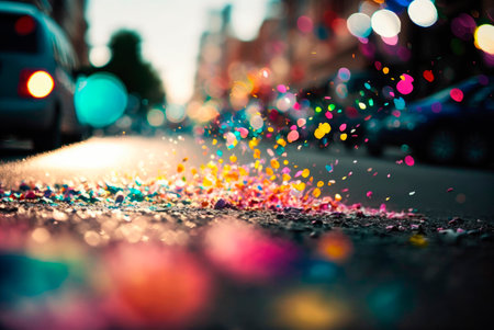 Multicolored festive confetti falling on the street. Blurred background. Generative AIの素材