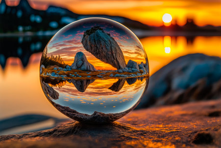 Sphere with internal light in a natural landscape at sunset. Generative AIの素材