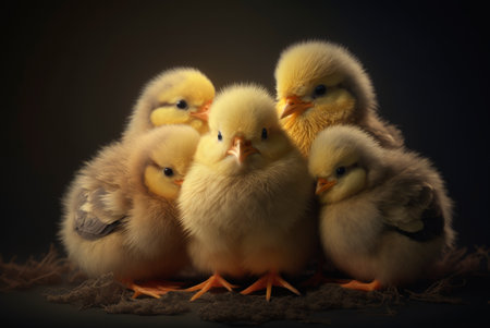 Portrait of newly hatched yellow chicks. Generative AIの素材