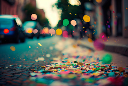 Multicolored festive confetti falling on the street. Blurred background. Generative AIの素材