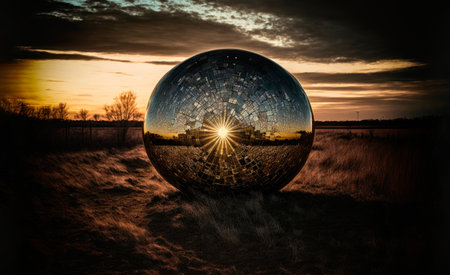 Sphere with internal light in a natural landscape at sunset. Generative AIの素材