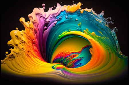 Abstract background with multicolored liquid paint moving and forming waves with rainbow colors. Generative AIの素材