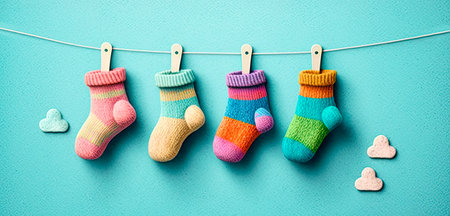 Baby socks hanging on a clothesline. Baby shower concept. Generative AIの素材