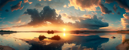 Sunset landscape on a large lake. panoramic view. Generative AIの素材