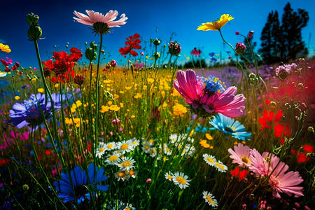 Meadow full of colorful flowers in spring time. Generative AIの素材
