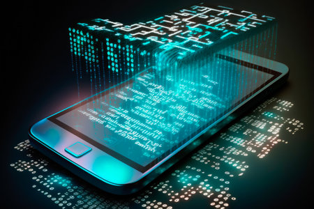 Binary codes in hologram form on a smartphone. Technology concept. Generative AIの素材