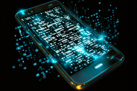 Binary codes in hologram form on a smartphone. Technology concept. Generative AIの素材