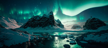 Northern Lights Landscape. Aurora borealis. Generative AIの素材