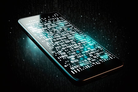 Binary codes in hologram form on a smartphone. Technology concept. Generative AIの素材