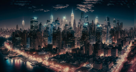 Night skyline of Manhattan, New York City. Generative AIの素材
