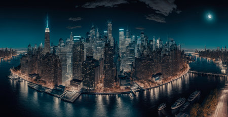 Night skyline of Manhattan, New York City. Generative AIの素材