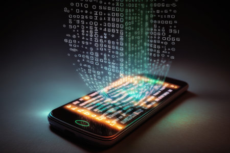 Binary codes in hologram form on a smartphone. Technology concept. Generative AIの素材