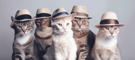 Portrait of a gang of cats dressed in human clothes posing for the camera. Studio shot. Generative AIの素材