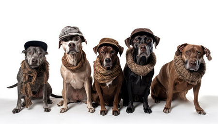 Portrait of a group of dogs disguised in human clothing.. Isolated on white background. Generative AIの素材
