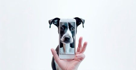 Dog seen through the screen of a mobile phone. Generative AIの素材