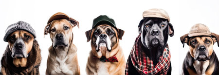 Portrait of a group of dogs disguised in human clothing.. Isolated on white background. Generative AIの素材