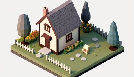 Isometric view of a family house with garden. Generative AIの素材