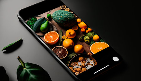 Close-up view of a smartphone displaying on its screen a cooking web site. Generative AIの素材