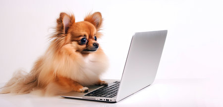 Dog using laptop. Isolated on white. Generative AIの素材