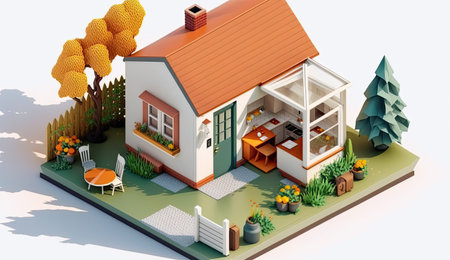 Isometric view of a family house with garden. Generative AIの素材