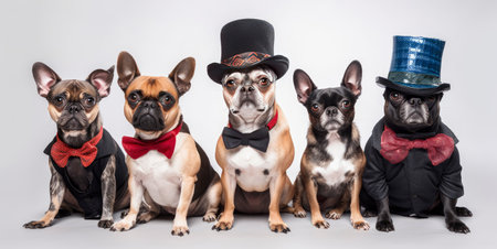 Portrait of a group of dogs disguised in human clothing.. Isolated on white background. Generative AIの素材