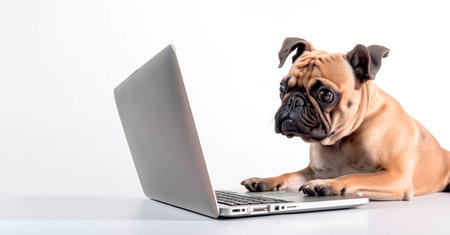 Dog using laptop. Isolated on white. Generative AIの素材