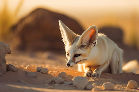 Fennec Fox. Vulpes zerda. Portrait of a desert fox posing in its natural habitat. Generative AIの素材