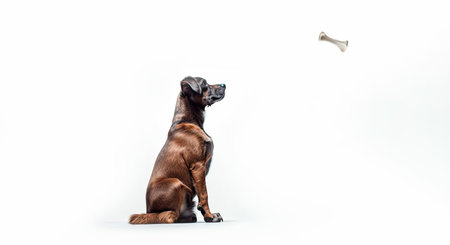 Portrait of a dog looking longingly at a delicious bone. Isolated white. Generative AIの素材